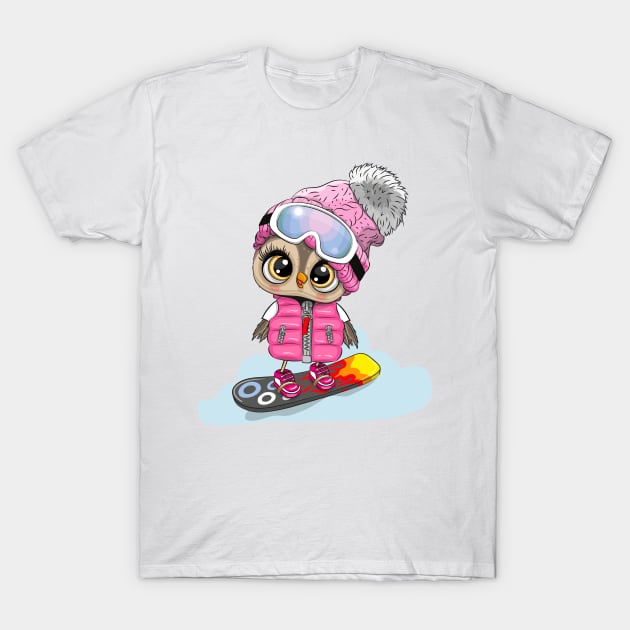 Cute owl on a snowboard T-Shirt by Reginast777